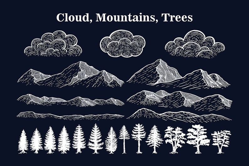 May include: A black and white illustration of clouds, mountains, and trees. The image is drawn in a simple, hand-drawn style.