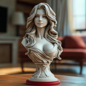 May include: A detailed bust sculpture of a woman with long, flowing hair and a draped garment. The sculpture is a light beige color and sits on a decorative pedestal with a red base. The bust is a classical art piece.