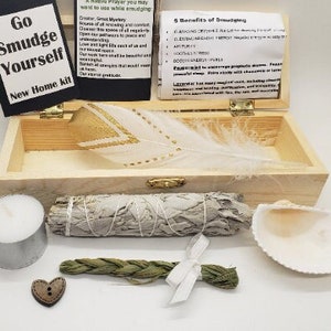 smudge kit Go Smudge Yourself New home kit Sage, sweet grass,Palo Santo, candle , feather, shell, smudge kit