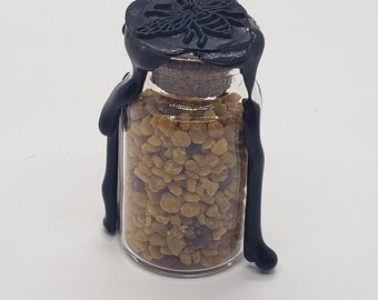 Honey bee Pollen, 5.5g in a small 2" glass jar with wax stamp seal of a bee.