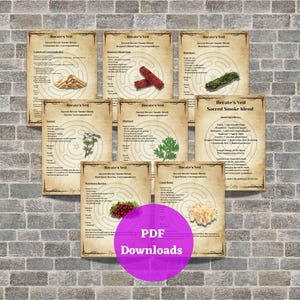 May include: A collection of printable PDF downloads featuring information on sacred smoke blends. Each page has a vintage design with text and illustrations of herbs and ingredients. A large purple circle with the text "PDF Downloads" is in the center.