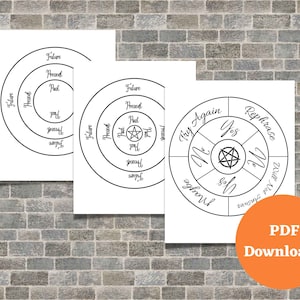 May include: Three printable witchy divination tools: two blank circle templates with concentric circles labelled "future", "present", and "past", and a wheel with sections labelled "yes", "no", "maybe", "try again", "rephrase", and "will not answer".