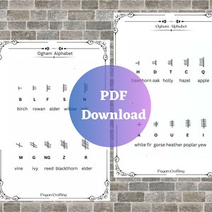 May include: A printable chart of the Ogham alphabet, a traditional Irish alphabet. The chart shows the letters, their corresponding trees, and the names of the trees in English. The chart is titled "Ogham Alphabet" and is surrounded by a decorative border.