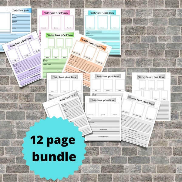 12 page - monthly, weekly, & daily tarot card pull, daily tarot spread,12 page bundle, daily tarot draw, 3 card tarot draw, oracle cards