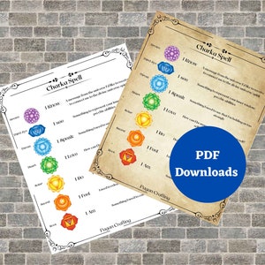 Puede incluir: Dos páginas imprimibles con un fondo de pergamino vintage. Cada página presenta una tabla con siete chakras coloridos, cada uno con una afirmación correspondiente. El texto en la página dice "Charka Spell" e incluye las afirmaciones "Yo sé", "Yo veo", "Yo hablo", "Yo amo", "Yo hago", "Yo siento" y "Yo soy".