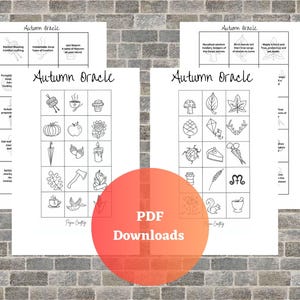 Op de afbeelding: Twee zwart-wit afdrukbare pagina's met de titel "Autumn Oracle" met verschillende herfstthema-illustraties en tekst. Een grote oranje cirkel met de tekst "PDF Downloads" staat op de voorgrond.