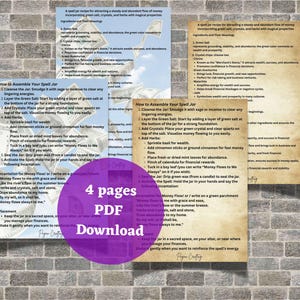 May include: Four pages of instructions on how to assemble a money spell jar. The instructions include a list of ingredients and steps for creating the jar. The instructions are written in a decorative font and are surrounded by a brick wall background.