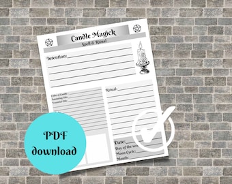 May include: Printable candle magic spell and ritual journal with a pentagram symbol, a candle illustration, and sections for intention, color of candle, anointing oils, essential oils, ritual, date, day of the week, moon cycle, and month.