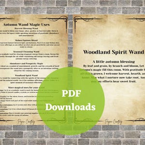 May include: Two parchment-style pages with black text and decorative borders. The left page is titled Autumn Wand Magic Uses, listing various rituals. The right page is titled Woodland Spirit Wand, featuring a poem. A green circle overlays the center.