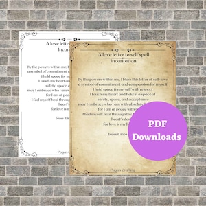 Puede incluir: Un hechizo de amor propio imprimible con una incitación escrita en una fuente de estilo vintage sobre un fondo de pergamino. El texto dice "A love letter to self spell Incantation" e incluye las palabras "By the powers within me, I bless this letter of self-love a symbol of commitment and compassion for myself I hold space for myself with respect Touch my heart and held in a space of safety, space, and acceptance may I embrace who I am with absolute for I am at peace with  I feel myself heal through the heart's desire for love is my bless it into" El texto está rodeado por un borde decorativo. La imagen también incluye un círculo morado con el texto "PDF Downloads".