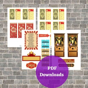 May include: A collection of circus-themed PDF downloads, including fortune teller cards, popcorn boxes, ticket stubs, and a Zoltar Speaks design. The designs feature red, gold, and cream colors, with the text "Circus" and "Make Your Wish".