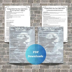 May include: A stack of three printable PDF documents titled "Creating Witch's New Year's Spirit Charm". The documents are on a brick background and feature a witch silhouette and supply lists for crafting.