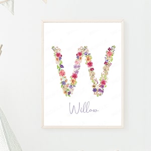 Floral wildflower Personalised initial and name printable wall art decor for nursery or girls room digital download baby shower gift spring