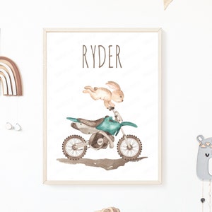 Nombre personalizado moto moto motocross niños habitación vivero impresiones digitales pared arte animales del bosque oso conejo zorro motocross