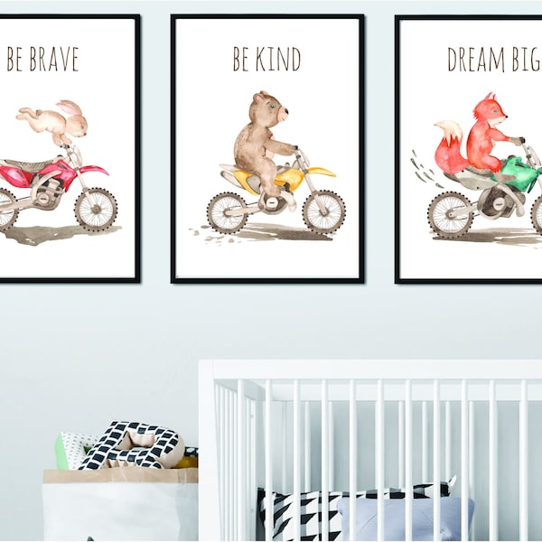 Dirt bike motorbike motorcross boys room nursery set of 3 printable wall art digital download woodland animals bear rabbit fox motocross