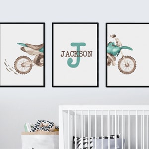Nombre personalizado Dirt bike moto motocross niños habitación vivero conjunto de 3 arte de pared imprimible descarga digital motocross decoración de la habitación de los niños