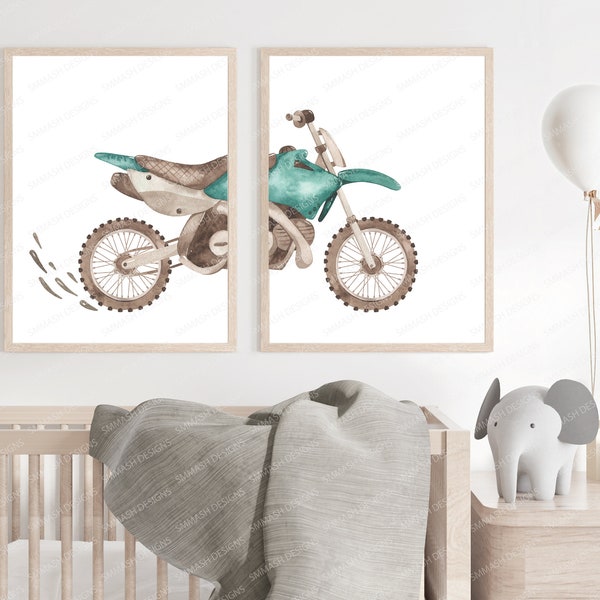 Dirt bike motorbike motorcross boys room nursery set of 2 printable wall art digital download motocross kids room decor motorcycle wall art