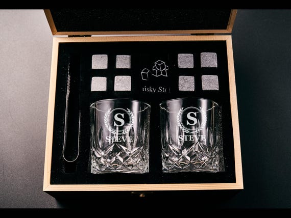 Personalized Whiskey Glass Set with Wooden Box, Engraved Whiskey Glass, Whiskey Stone, Groomsmen Gift, Boyfriend Gift, Birthday Gift for Him