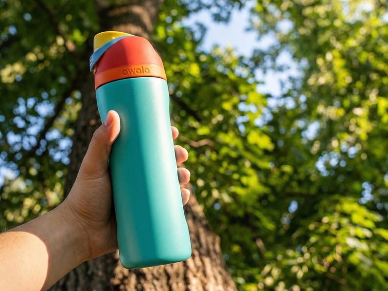 May include: A teal water bottle with a colorful lid, held against a backdrop of green foliage. The lid features yellow, red, and orange sections. The word "awala" is printed on the bottle. The bottle is designed for hydration and outdoor activities.