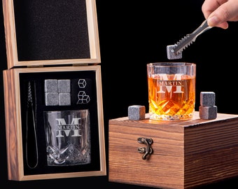 Personalized Whiskey Glass Set with Whiskey Stones and Wooden Box, Custom Whiskey Gift For Men, Groomsmen Gift, Best Man Gift, Gifts for Dad