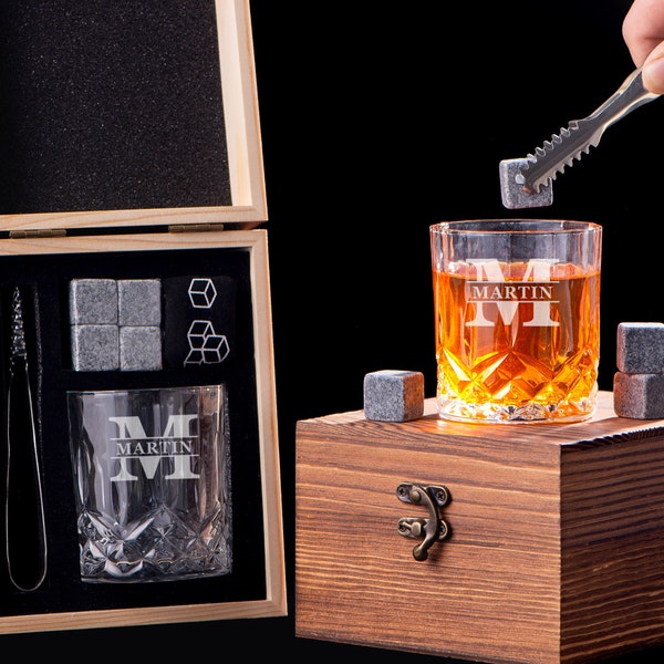 Personalized Whiskey Glass Set with Whiskey Stones and Wooden Box, Custom Whiskey Gift For Men, Groomsman Gifts, Best Man Gift, Gift for Dad