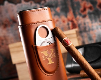 Personalized Leather Cigar Case with Cutter, Custom Engraved Cigar Holder, Groomsmen Gifts, Father's day Gifts, Gifts for Dad, Gifts for Him