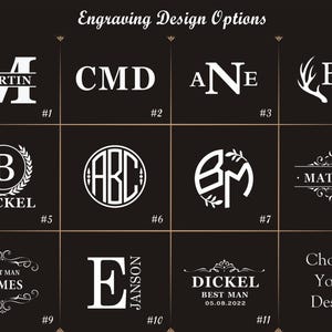 May include: A grid of 12 different engraving design options for a personalized gift. The designs include initials, names, monograms, and a deer antler design. The designs are numbered 1 through 12.
