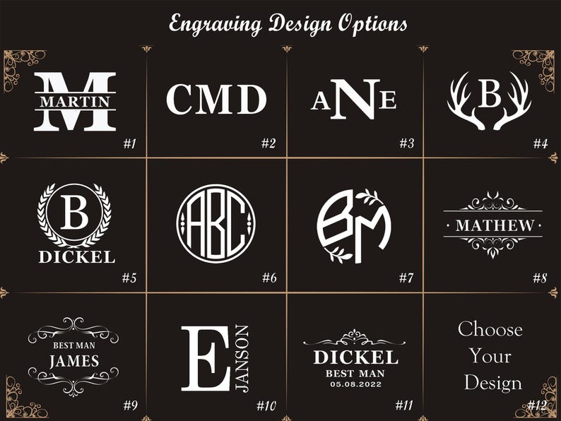 May include: A grid of 12 different engraving design options for a personalized gift. The designs include initials, names, monograms, and a deer antler design. The designs are numbered 1 through 12.