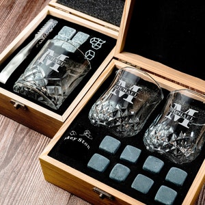 Personalized Whiskey Glass Set with Wooden Box, Whiskey Stone Set, Groomsmen Gift, Best Man Gift, Boyfriend Gift, Whiskey Gifts for Him