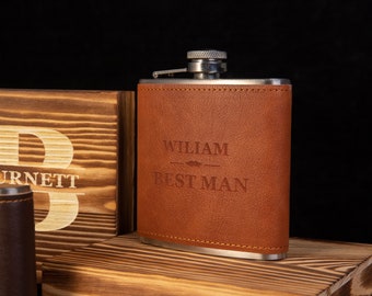 Leather Flask Set with Wood Box, Personalized Flask for Men, Engraved Flask, Groomsman Gifts, Best Man Gifts, Wedding Gift, Gift for Dad