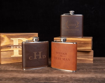 Personalized Flask for Men, Leather Flask Set with Wood Box, Engraved Flask, Groomsman Gifts, Best Man Gifts, Husband Gift, Gift for Dad