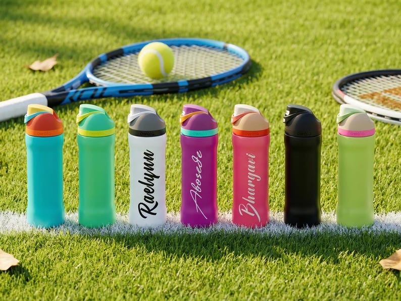 May include: A row of colorful water bottles with names printed on them, set on a green surface with a tennis racket and ball in the background. The bottles are various colors, including teal, green, white, purple, pink, black, and light green.