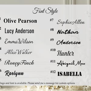 May include: A white background displays a list of font styles, each with a sample name. The text "Font Style" is at the top. The names are in various fonts, with numbers next to each. The text "Custom logo and font is available" is at the bottom.