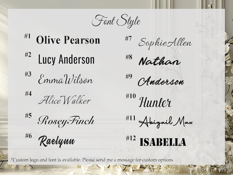 May include: A white background displays a list of font styles, each with a sample name. The text "Font Style" is at the top. The names are in various fonts, with numbers next to each. The text "Custom logo and font is available" is at the bottom.