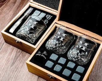Personalized Whiskey Glass Set with Wooden Box, Engraved Whiskey Glasses, Groomsmen Gift, Boyfriend Gift, Retirement Gift, Gift for Dad