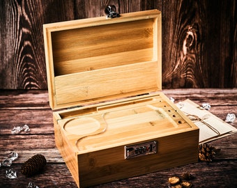 Caja de alijo personalizada con cerradura y bandeja rodante, caja de alijo de madera de bambú, organizador con cerradura, caja de madera de almacenamiento para hierbas y accesorios