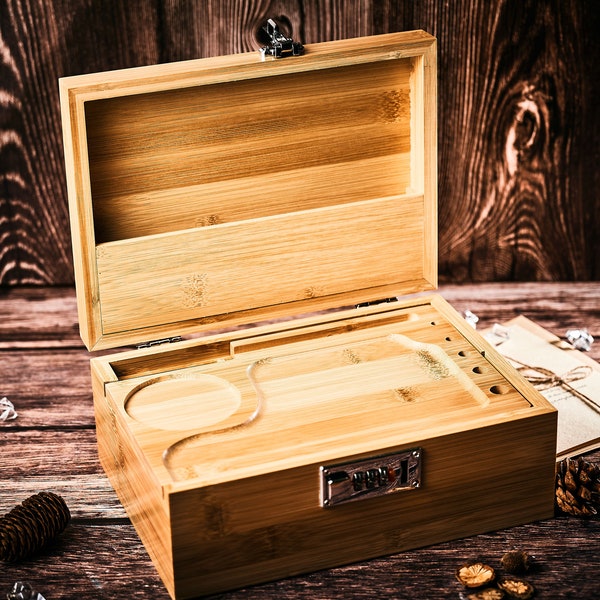 Personalized Stash Box With Lock and Rolling Tray, Bamboo Wood Stash Box, Lockable Organizer, Storage Wood Box for Herbs and Accessories