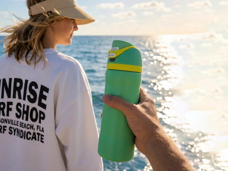 May include: A green water bottle with a yellow accent is held in front of a person on a boat. The person is wearing a white sweatshirt with black text that reads "Sunrise Surf Shop Jacksonville Beach, FLA Surf Syndicate". The background is the ocean.