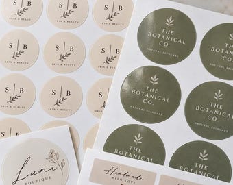 May include: Multiple sheets of adhesive labels in various shapes and colours. Designs include circular stickers with text like Thank you, SB Skin & Beauty, The Botanical Co., and Luna Boutique, plus rectangular stickers labelled Handmade with love.