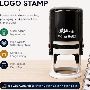 May include: A black and white self-inking stamp labelled Shiny Printer R-532. The device features a cylindrical black top and a white base. Text on the image includes Logo Stamp, Crisp, Clear Impressions, High-Quality Self-Inking Stamp, Durable & Long-Lasting, Professional Every Time, and 5 Sizes Available: 17mm, 24mm, 32mm, 42mm, 52mm.