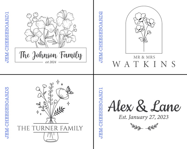 Pode incluir: Quatro designs diferentes para t&aacute;buas de cortar personalizadas. Cada design apresenta um motivo floral e texto. O primeiro design diz "The Johnson Family est 2024". O segundo design diz "MR & MRS WATKINS". O terceiro design diz "THE TURNER FAMILY". O quarto design diz "Alex & Lane Est. January 27, 2023".