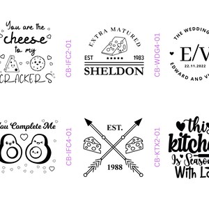 Pode incluir: Seis ilustra&ccedil;&otilde;es em preto e branco com diferentes ditos. A primeira imagem diz "You are the cheese to my crackers". A segunda imagem diz "Extra Matured Est. 1983 Sheldon". A terceira imagem diz "You Complete Me". A quarta imagem diz "Est. 1988". A quinta imagem diz "The Wedding of E/V Edward and Vienna 22.11.2022". A sexta imagem diz "This kitchen is seasoned with love".