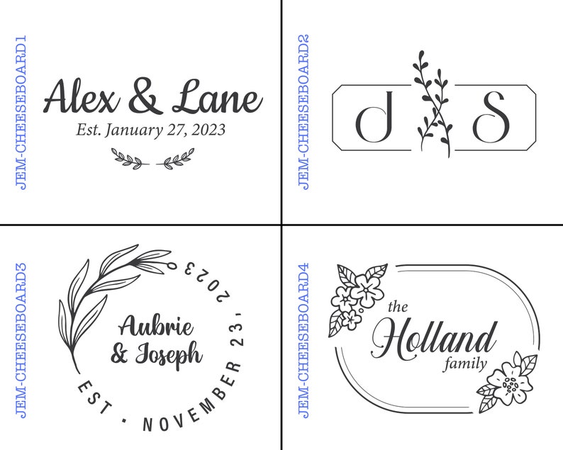Pode incluir: Quatro designs diferentes para t&aacute;buas de cortar personalizadas. O primeiro design apresenta o texto "Alex & Lane" com a data "Est. January 27, 2023". O segundo design apresenta as iniciais "JS" com um design floral. O terceiro design apresenta o texto "Aubrie & Joseph" com a data "EST. NOVEMBER 23, 2023". O quarto design apresenta o texto "the Holland family" com um design floral.