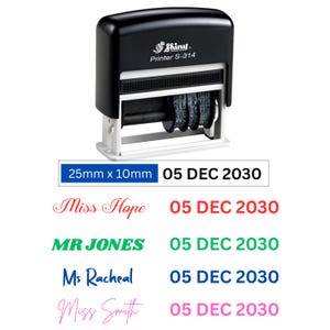 Op de afbeelding: Een zwarte Shiny Printer S-314 datumstempel met een witte basis. De stempel toont de datum 05 DEC 2030. Voorbeelden van gestempelde tekst zijn: "Miss Hope", "MR JONES", "Ms Racheal" en "Miss Smith". De stempel is 25 mm x 10 mm groot.