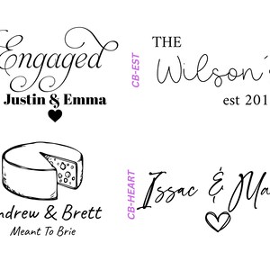 Pode incluir: Quatro ilustra&ccedil;&otilde;es diferentes em preto e branco de designs relacionados com casamentos ou compromissos. O primeiro design diz "Engaged" com um cora&ccedil;&atilde;o e os nomes "Justin & Emma". O segundo design diz "The Wilson's est 2017". O terceiro design mostra uma roda de queijo brie com uma fatia cortada e diz "Andrew & Brett Meant To Brie". O quarto design diz "Issac & Maria" com um cora&ccedil;&atilde;o.