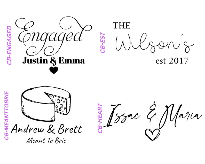 Pode incluir: Quatro ilustra&ccedil;&otilde;es diferentes em preto e branco de designs relacionados com casamentos ou compromissos. O primeiro design diz "Engaged" com um cora&ccedil;&atilde;o e os nomes "Justin & Emma". O segundo design diz "The Wilson's est 2017". O terceiro design mostra uma roda de queijo brie com uma fatia cortada e diz "Andrew & Brett Meant To Brie". O quarto design diz "Issac & Maria" com um cora&ccedil;&atilde;o.