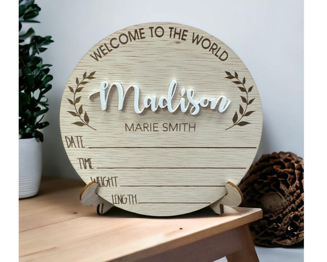 Wooden Baby Birth Announcement Plaque | Acrylic Name, Hello World - Etsy UK