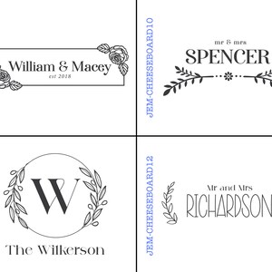 Pode incluir: Quatro designs diferentes para t&aacute;buas de cortar personalizadas. O primeiro design apresenta uma borda floral com o texto "William & Macey est 2018". O segundo design apresenta uma borda floral com o texto "mr & mrs SPENCER". O terceiro design apresenta uma borda floral com a letra "W" em um c&iacute;rculo e o texto "The Wilkerson". O quarto design apresenta uma borda floral com o texto "Mr and Mrs RICHARDSON".