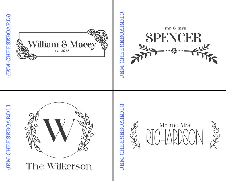 Pode incluir: Quatro designs diferentes para t&aacute;buas de cortar personalizadas. O primeiro design apresenta uma borda floral com o texto "William & Macey est 2018". O segundo design apresenta uma borda floral com o texto "mr & mrs SPENCER". O terceiro design apresenta uma borda floral com a letra "W" em um c&iacute;rculo e o texto "The Wilkerson". O quarto design apresenta uma borda floral com o texto "Mr and Mrs RICHARDSON".
