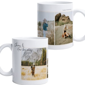 May include: Two white ceramic mugs with photos printed on them. The mug on the left has a photo of a couple in a field and the text "Cheers to New Beginnings". The mug on the right has three photos of a woman in different locations and the text "Lindsey Buchheister".